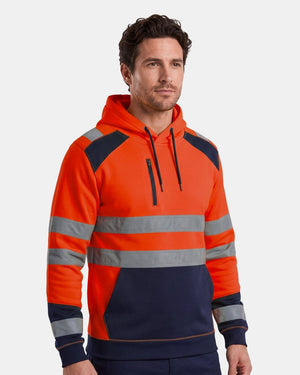 Hi-Vis Workwear High Neck Pullover Hoodie | Neon Orange & Navy with Reflective Tape – NOROZE