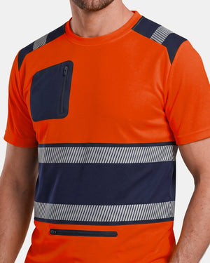 Hi-Vis Workwear T-Shirt | Neon Orange & Navy with Reflective Stripe – NOROZE