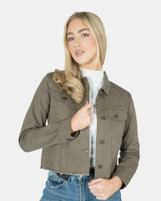Khaki Distressed Hem Denim Jacket