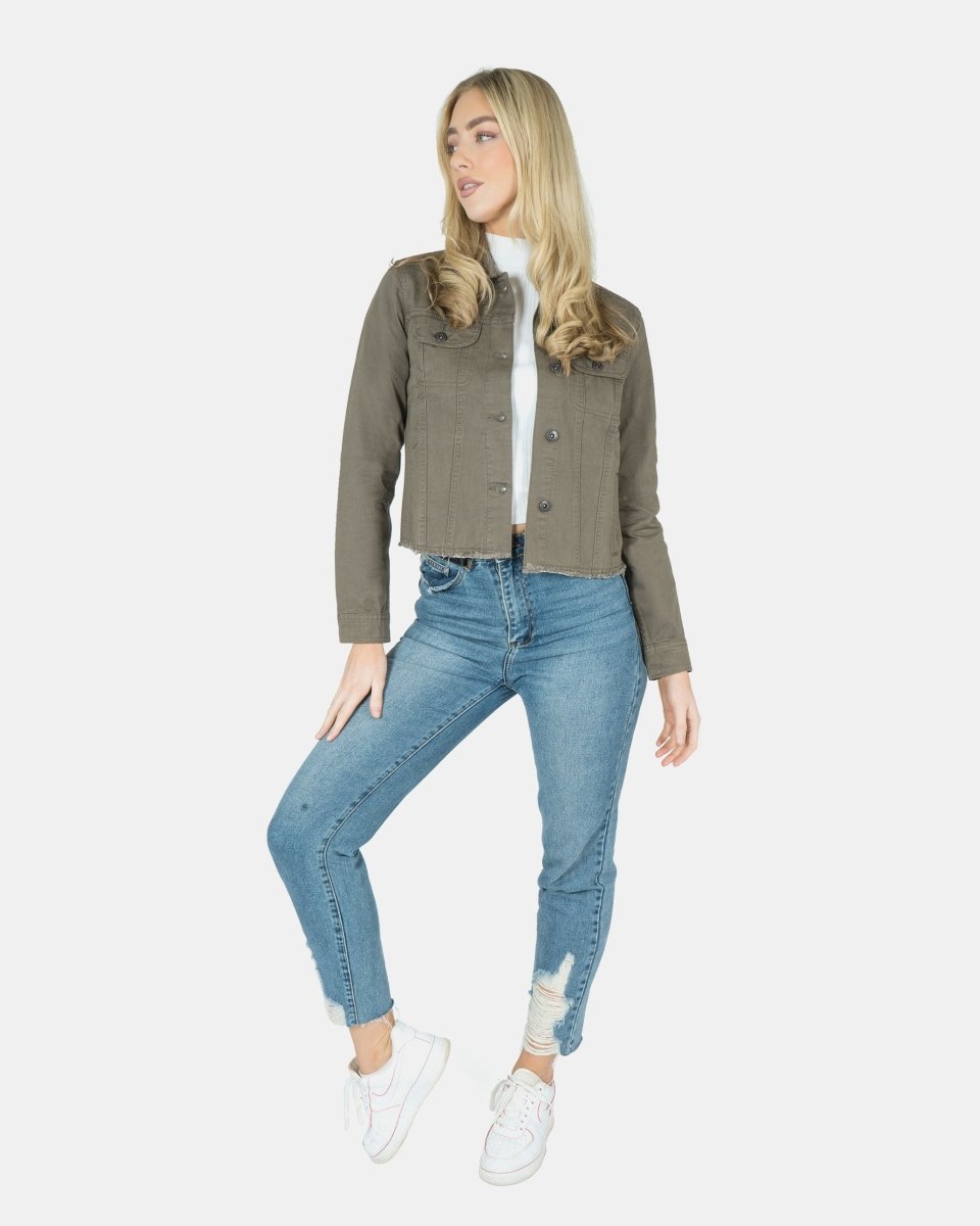 Khaki Distressed Hem Denim Jacket