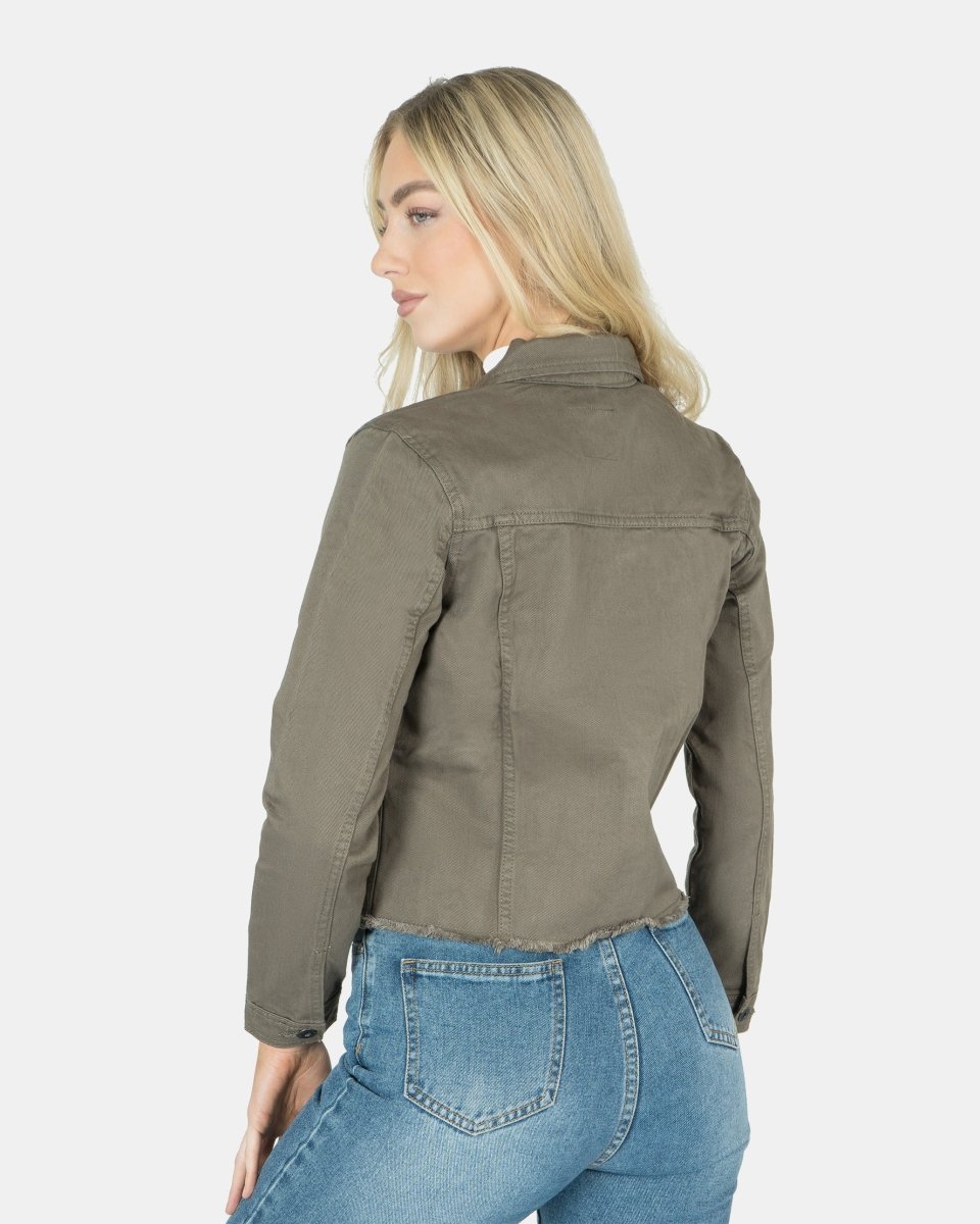 Khaki Distressed Hem Denim Jacket