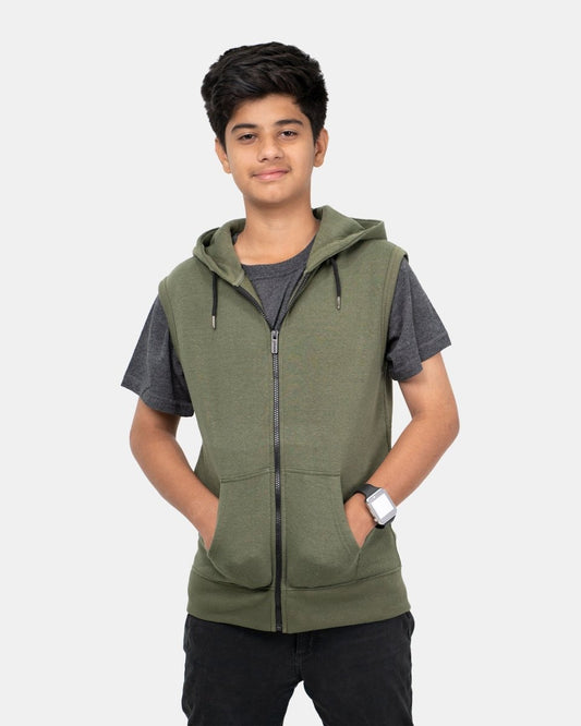 Khaki Kid's Sleeveless Casual Hoodie