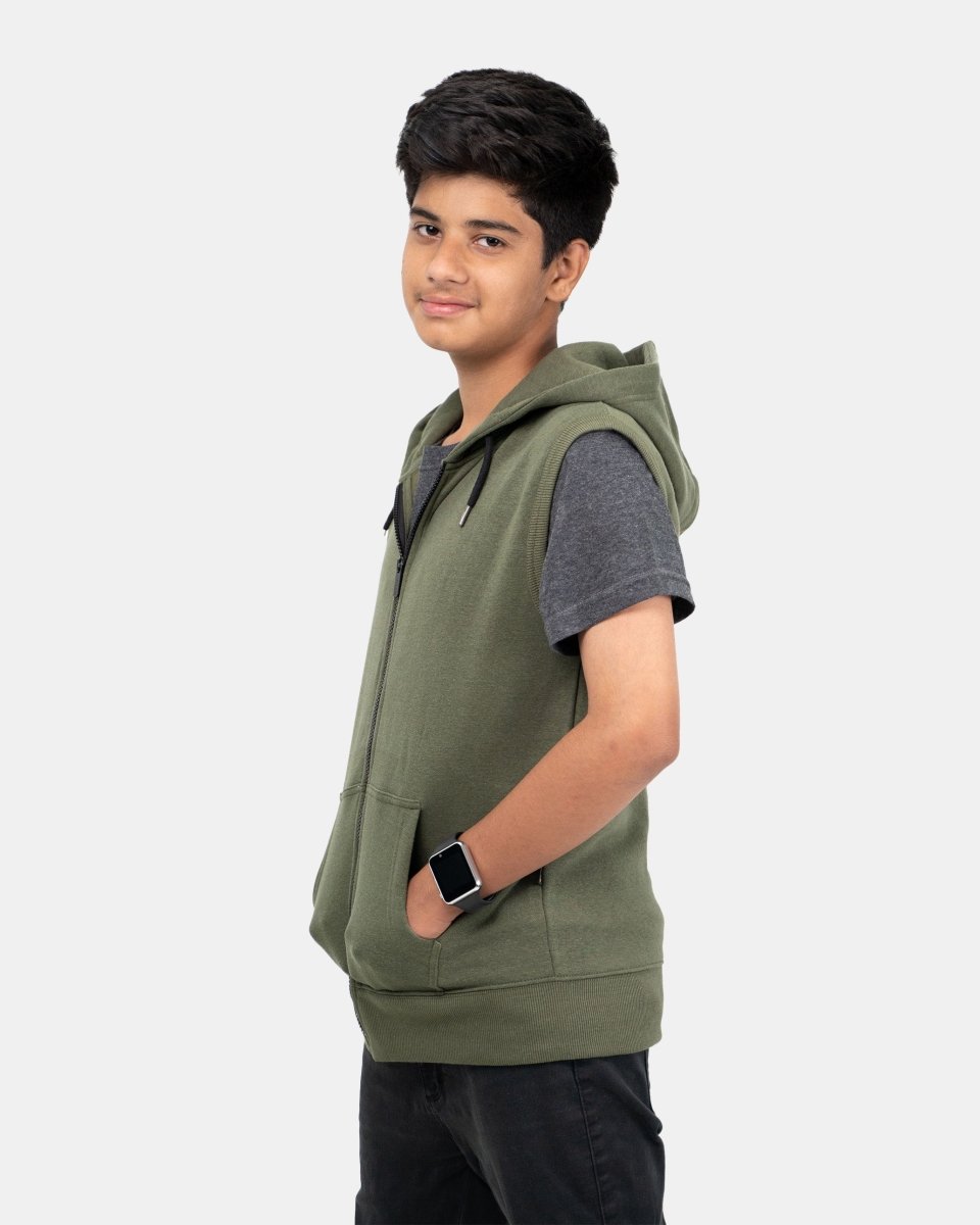 Khaki Kid's Sleeveless Casual Hoodie