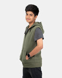 Khaki Kid's Sleeveless Casual Hoodie