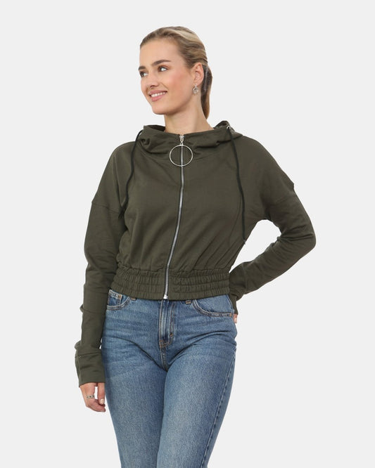 Khaki Ladies Zip - Crop Hoodie
