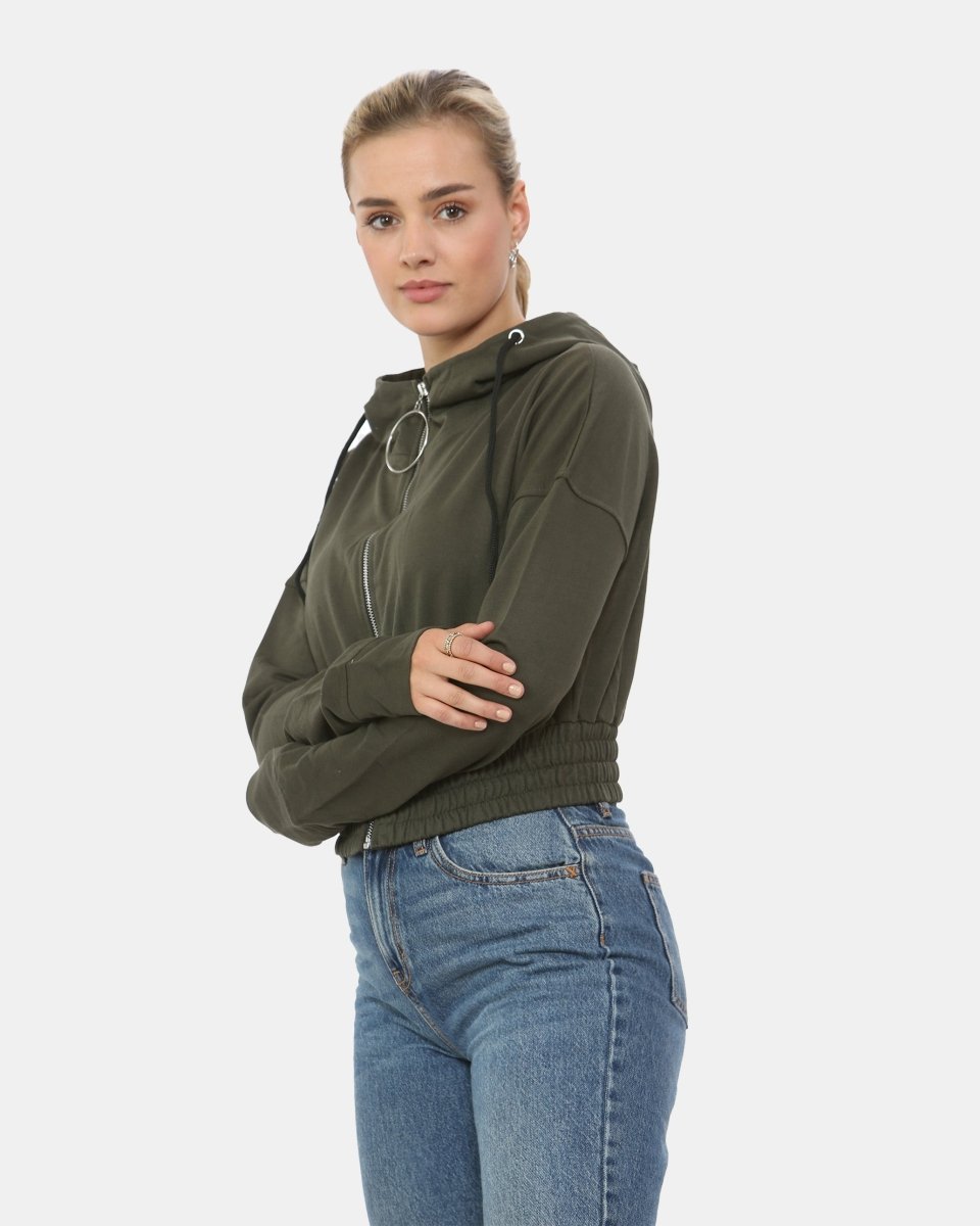 Khaki Ladies Zip - Crop Hoodie