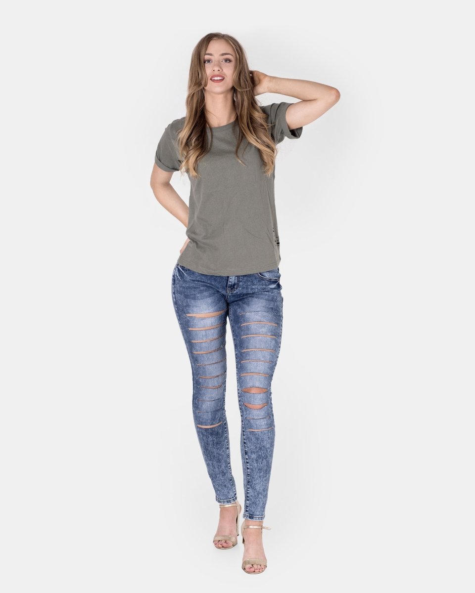 Khaki Ripped Holes Rounded Neck T-Shirt