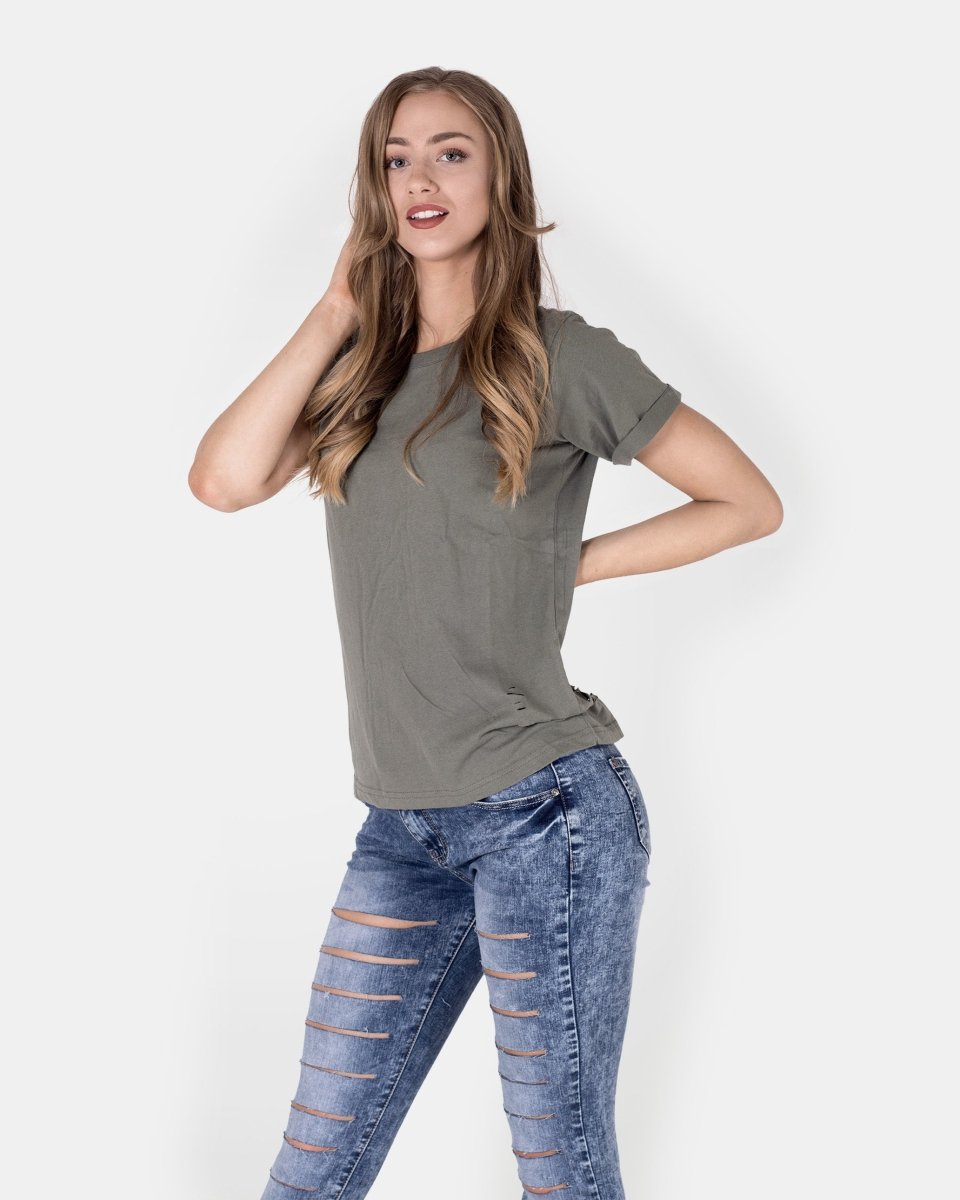 Khaki Ripped Holes Rounded Neck T-Shirt