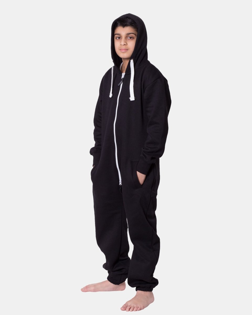 Kids Black Cozy Fleece Hooded Onesie – Unisex