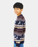 Kids Christmas Festive Knit Fly Reindeer Navy Jumper