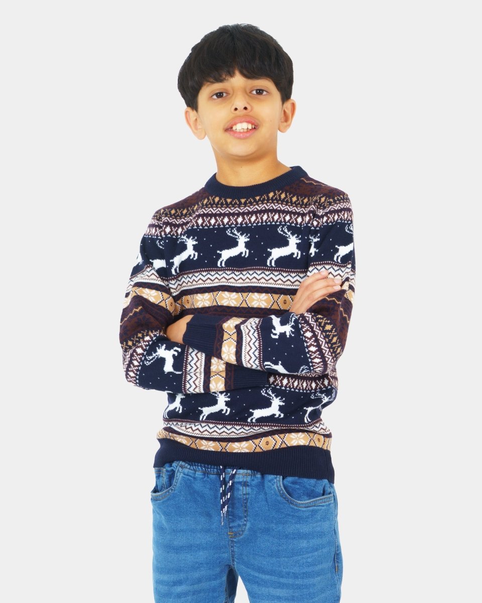 Kids Christmas Festive Knit Fly Reindeer Navy Jumper