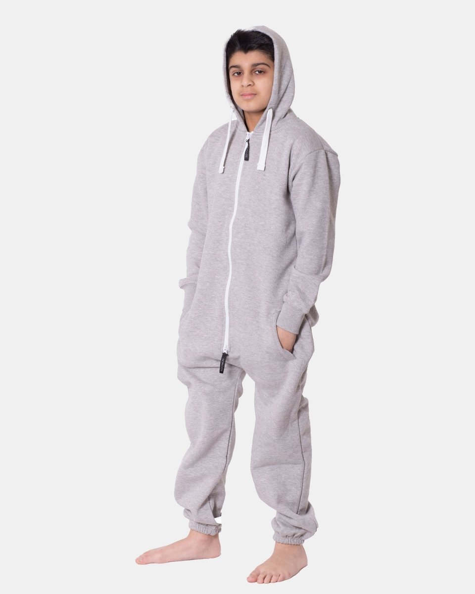 Kids Grey Cozy Fleece Hooded Onesie – Unisex