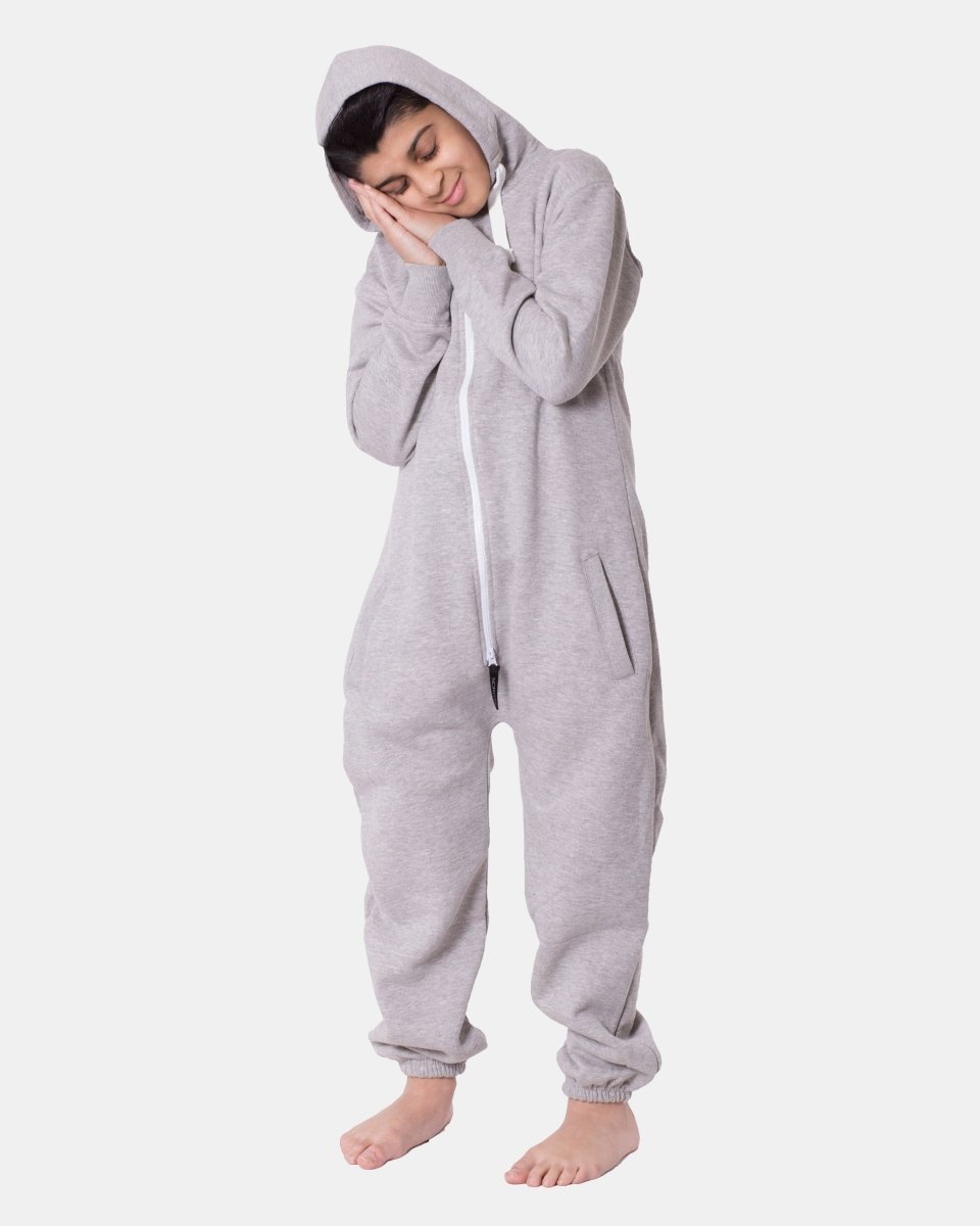Kids Grey Cozy Fleece Hooded Onesie – Unisex