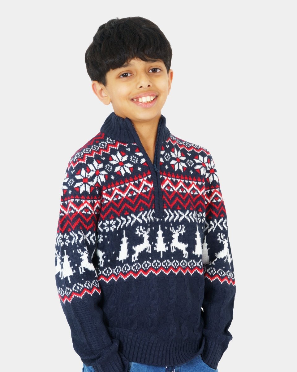 Kids Nordic Christmas Navy Reindeer Zip Knit Jumper