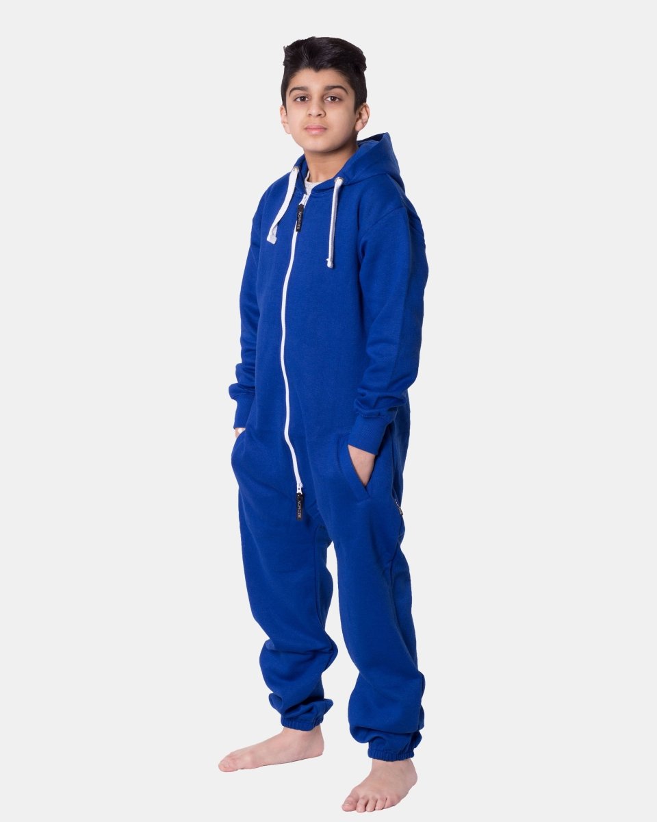 Kids Royal Blue Cozy Fleece Hooded Onesie – Unisex