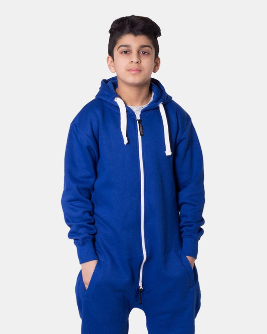 Kids Royal Blue Cozy Fleece Hooded Onesie – Unisex