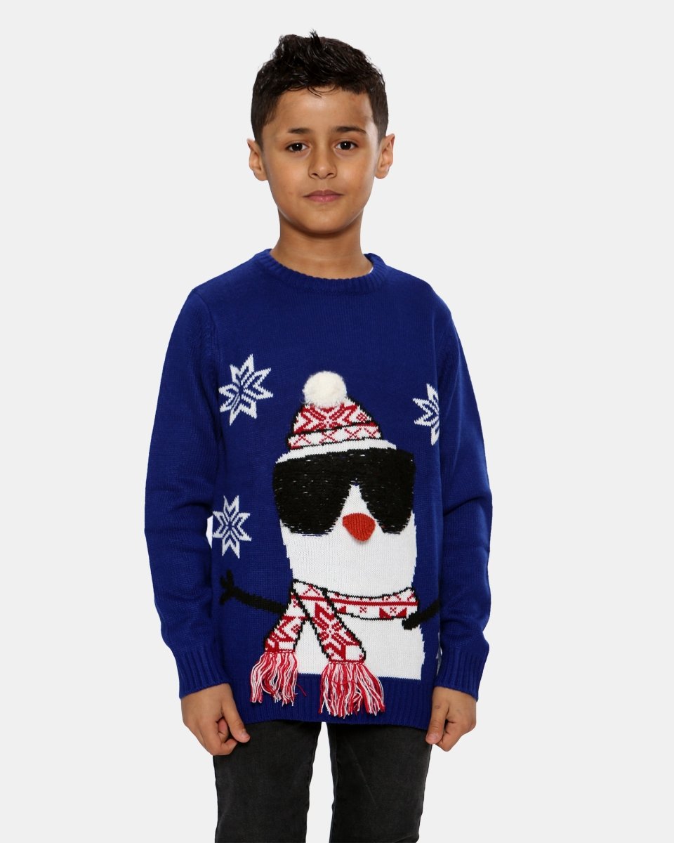 Kids Snowman Blue Retro Christmas Jumper