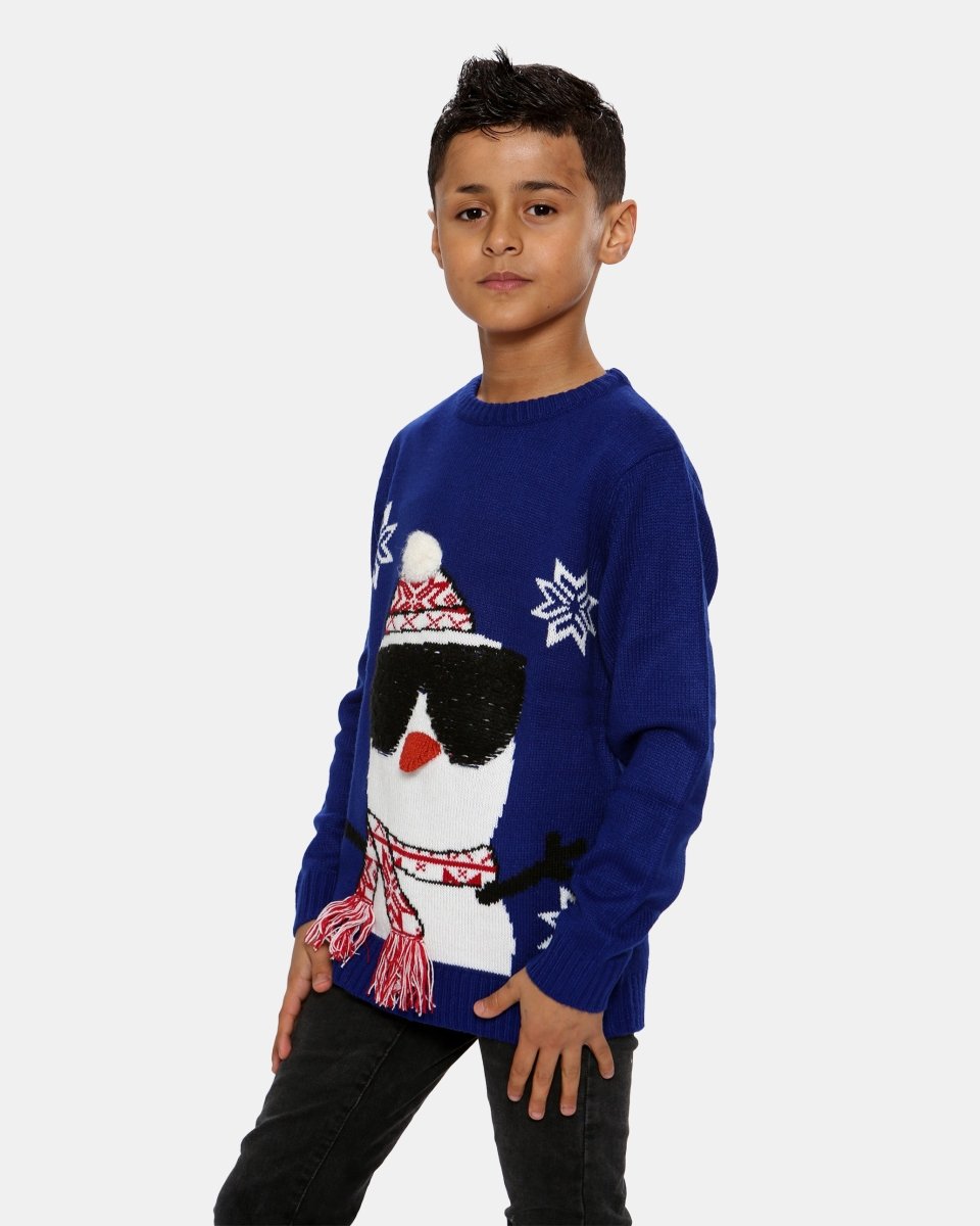 Kids Snowman Blue Retro Christmas Jumper