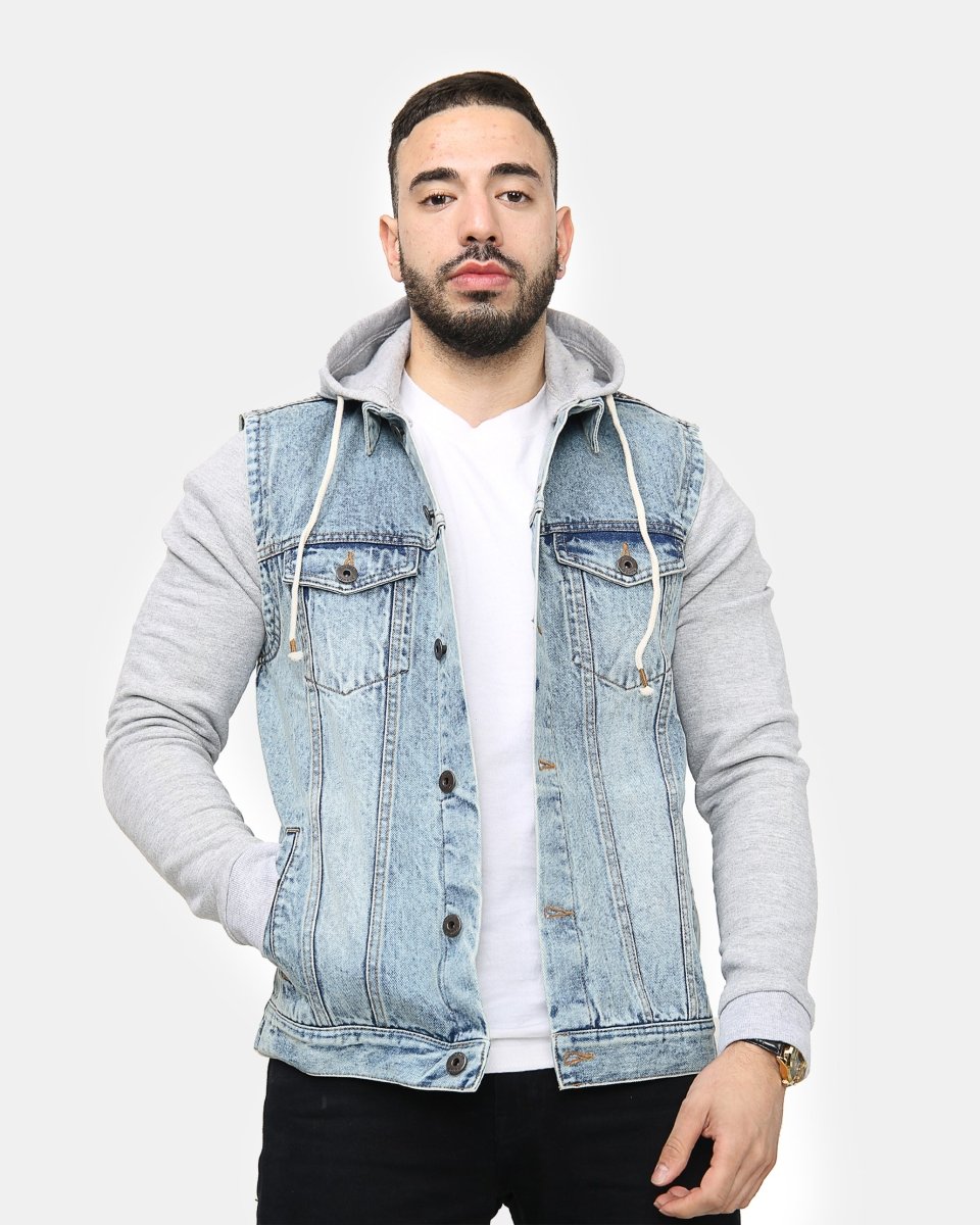 Light Blue Denim Hooded Jacket (Fleece Sleeves)