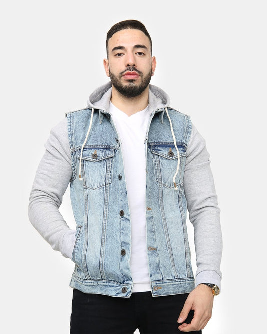 Light Blue Denim Hooded Jacket (Fleece Sleeves)