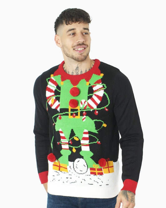 Men Elf Light Plug Black Christmas Jumper