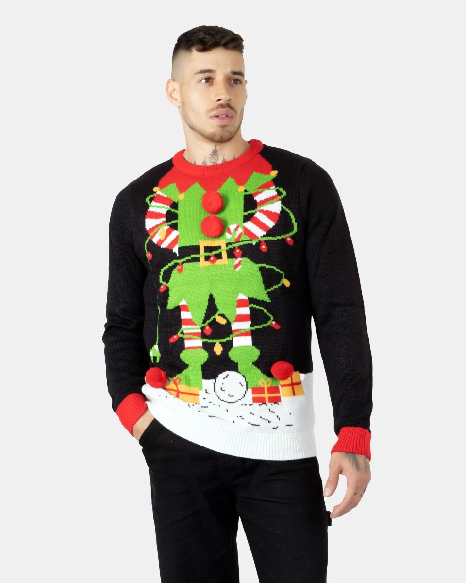 Men Elf Light Plug Black Christmas Jumper