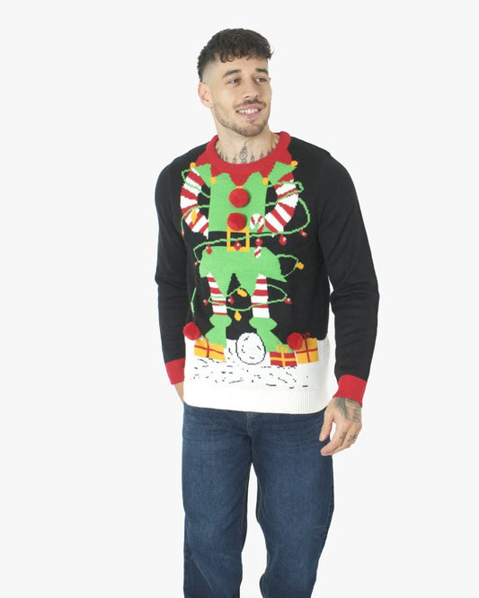 Men Elf Light Plug Black Christmas Jumper