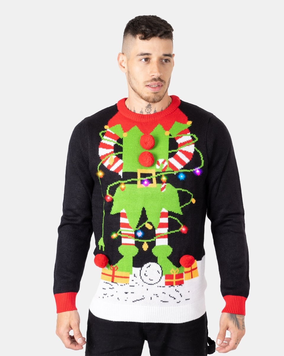 Men Elf Light Plug Black Christmas Jumper