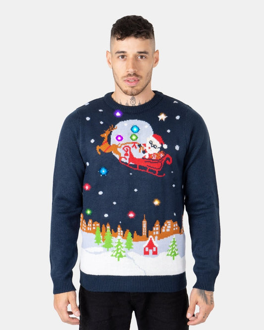 Men Flying Santa Sleigh Navy Christmas Jumper
