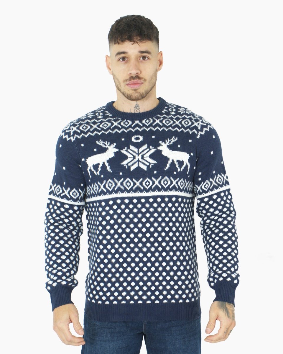 Mens Christmas Festive Knit Reindeer Navy Jumper
