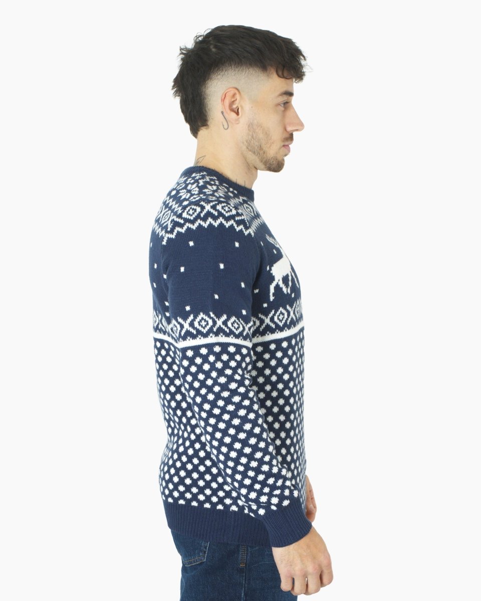 Mens Christmas Festive Knit Reindeer Navy Jumper