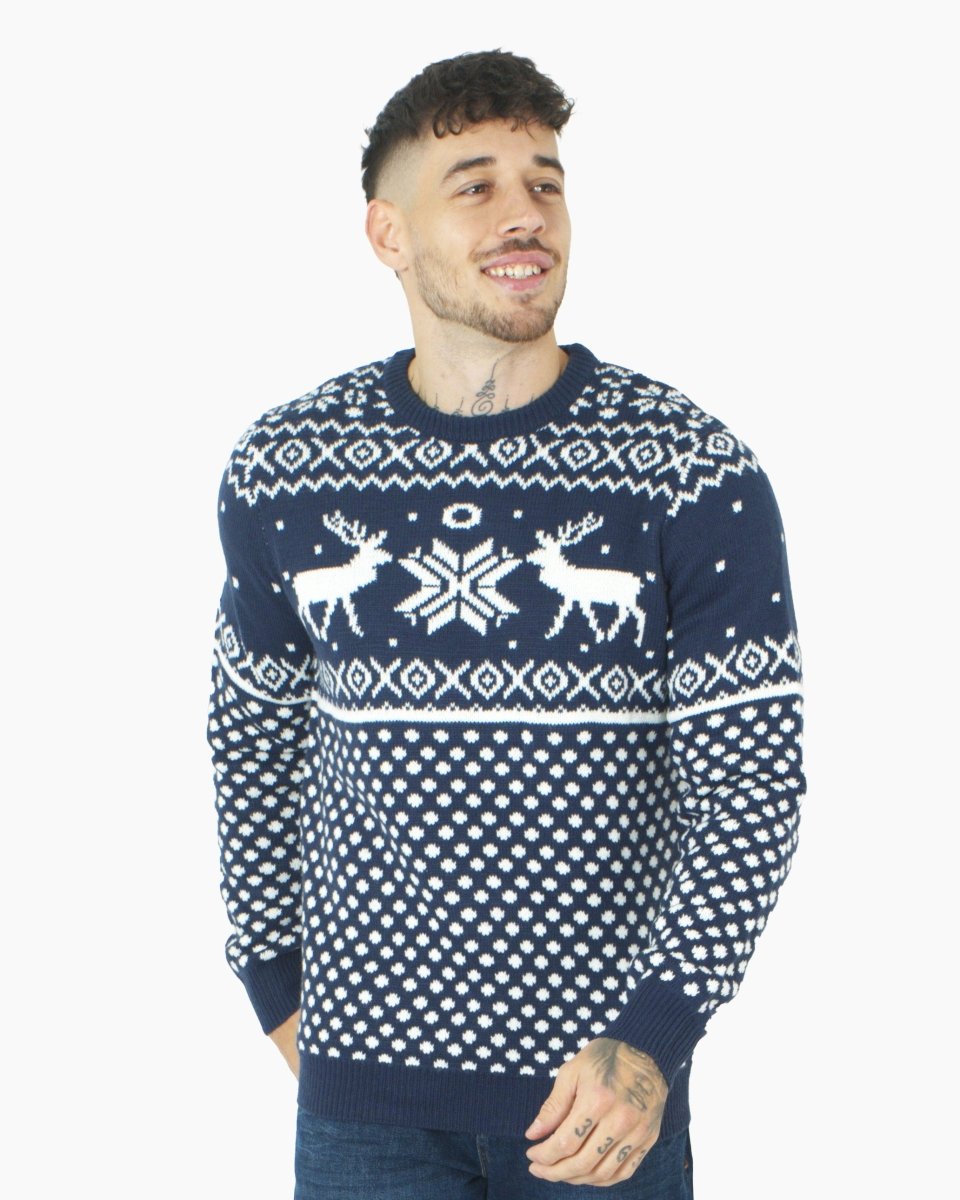 Mens Christmas Festive Knit Reindeer Navy Jumper