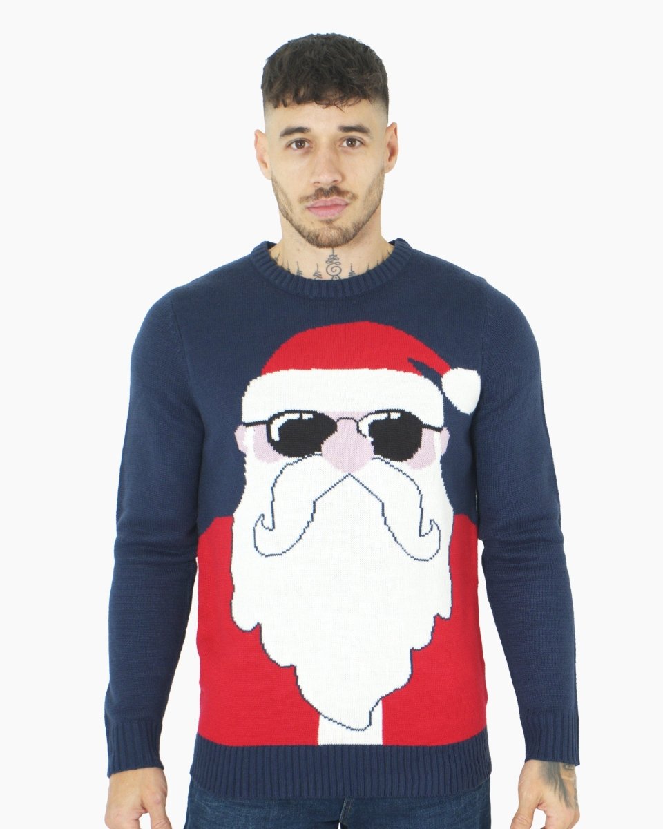 Mens Festive Santa Shades Navy Jumper