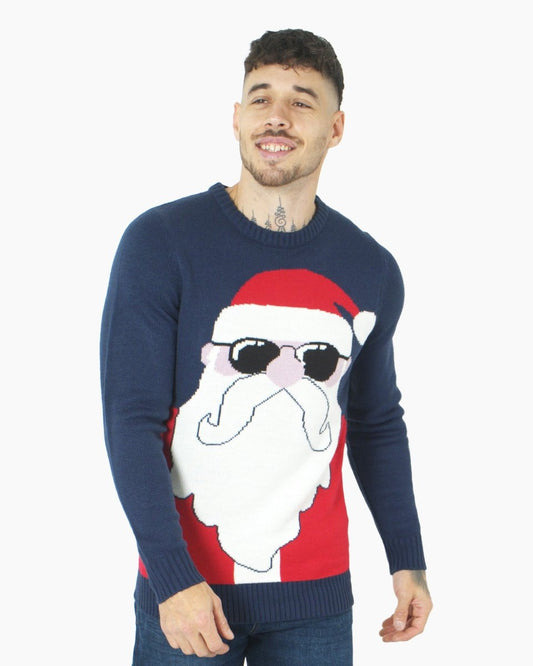 Mens Festive Santa Shades Navy Jumper