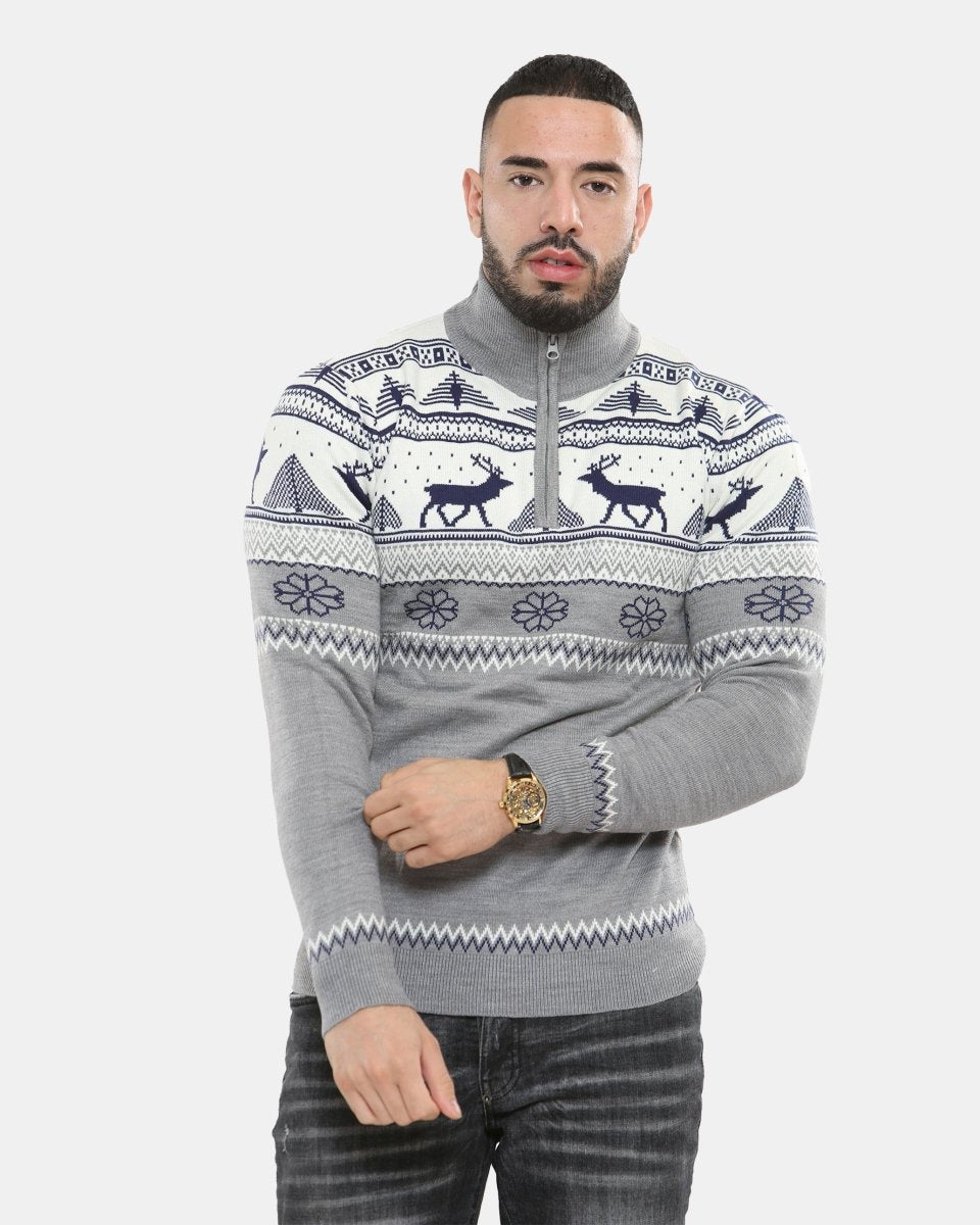 Mens Mock Zip Cream Christmas Jumper