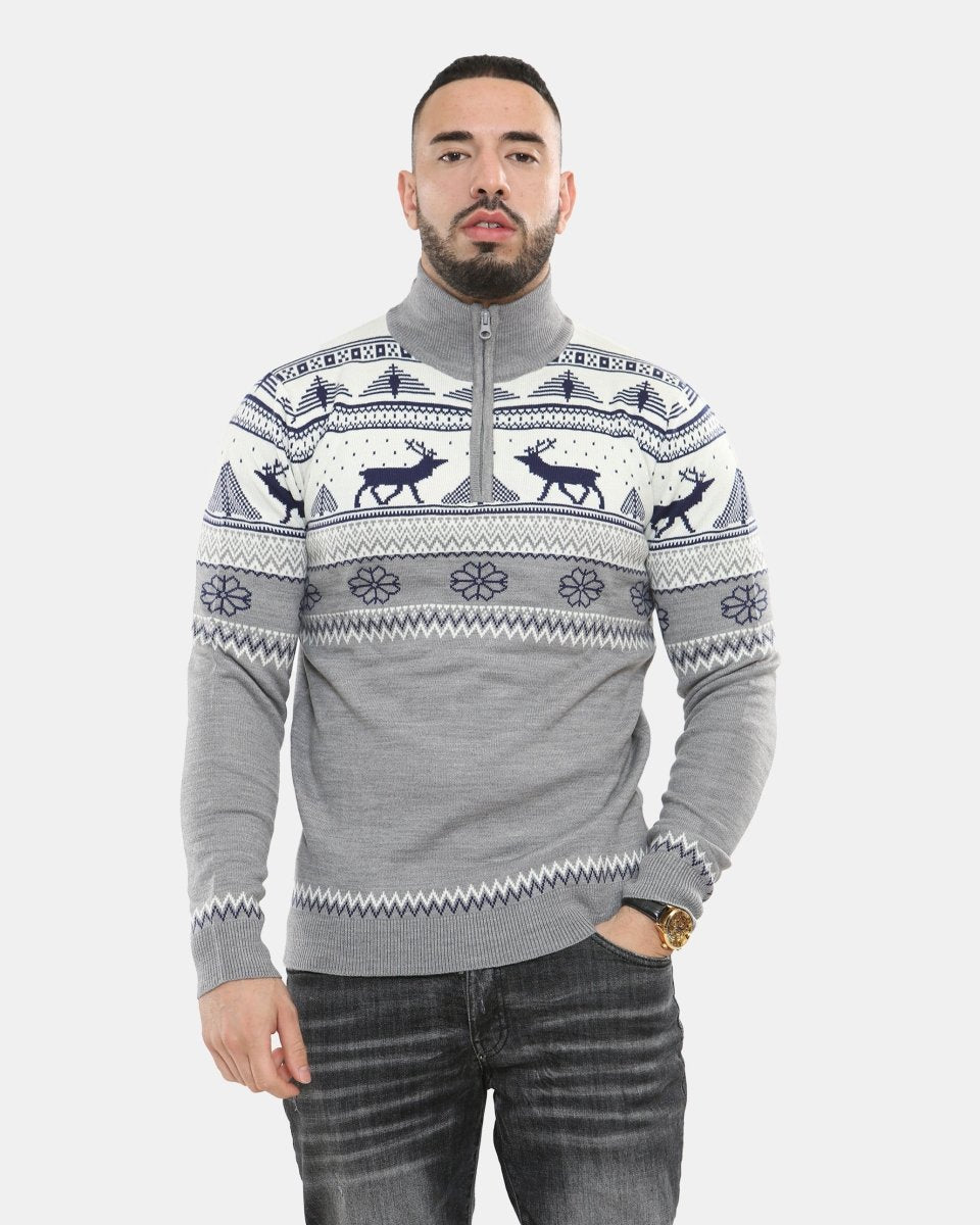 Mens Mock Zip Cream Christmas Jumper