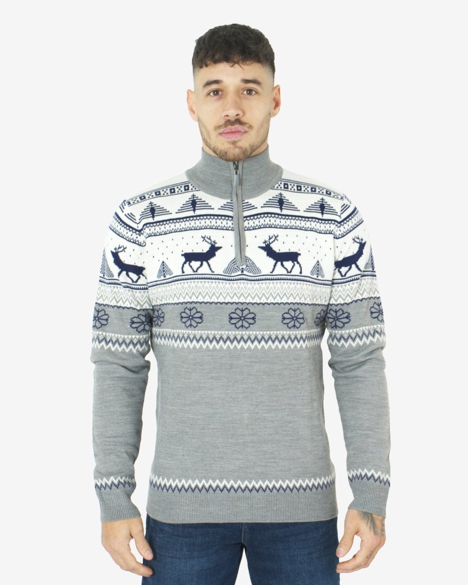 Mens Mock Zip Cream Christmas Jumper