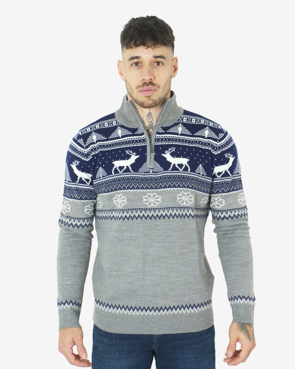 Mens Mock Zip Navy Christmas Jumper
