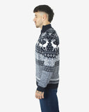 Mens Reindeer MockZip Black Xmas Jumper