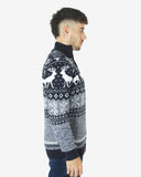 Mens Reindeer MockZip Black Xmas Jumper