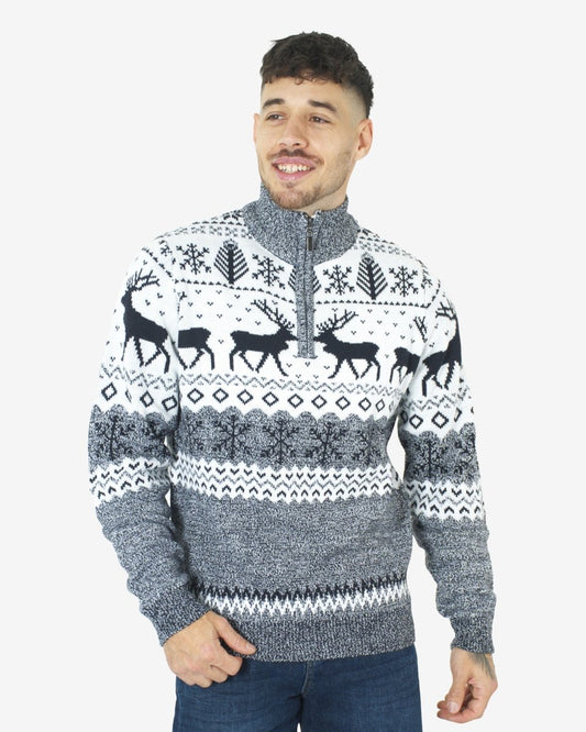 Mens Reindeer MockZip Cream Xmas Jumper