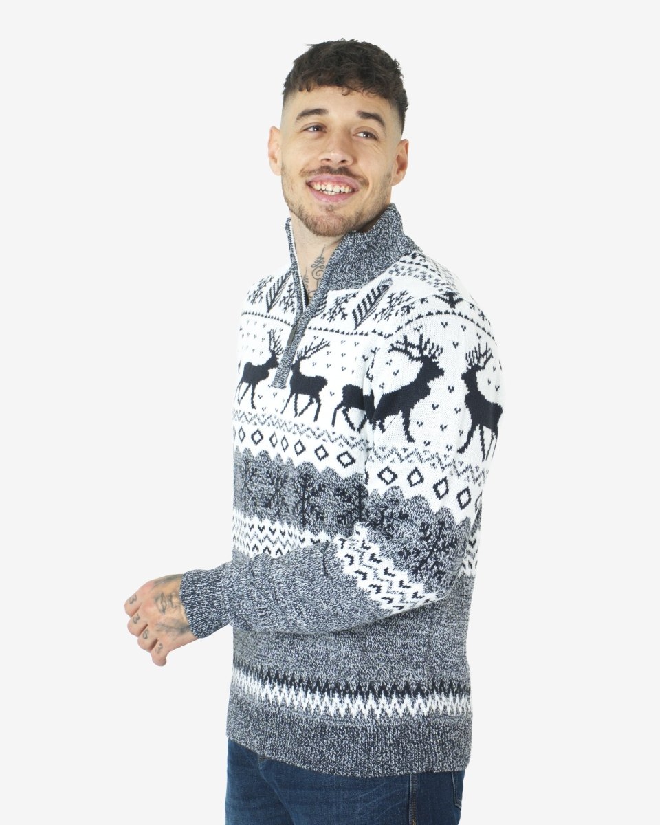 Mens Reindeer MockZip Cream Xmas Jumper