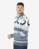 Mens Reindeer MockZip Cream Xmas Jumper