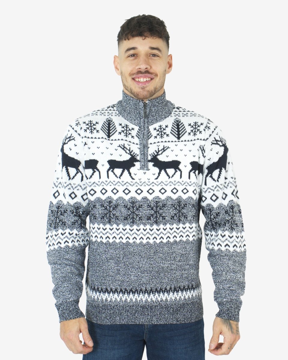 Mens Reindeer MockZip Cream Xmas Jumper