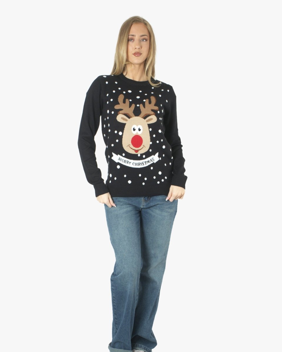 Merry Xmas Reindeer Black Festive Womens Jumper
