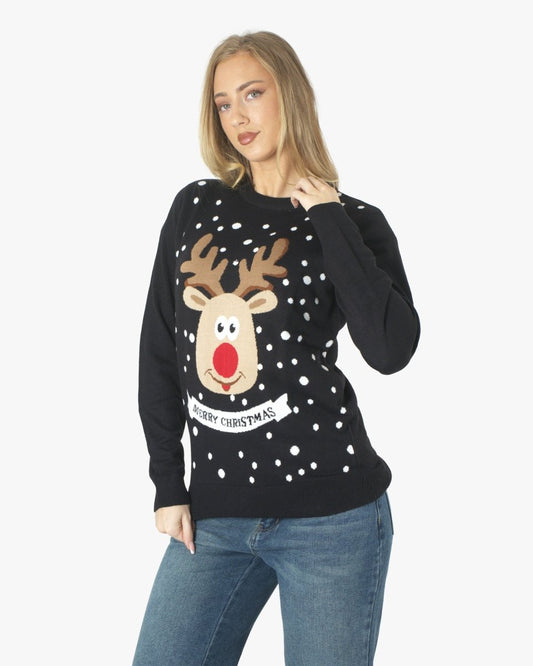 Merry Xmas Reindeer Black Festive Womens Jumper