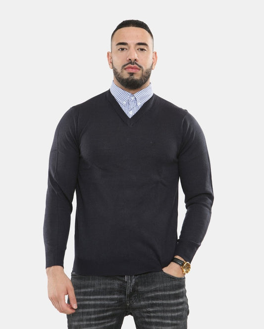 Navy Collar Knitted V - Neck Jumper