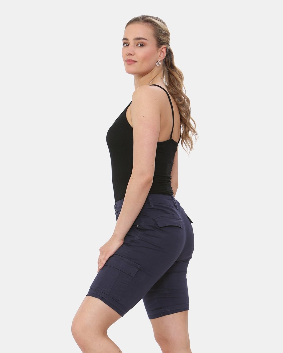 Navy Turned Hem Bengaline Casual Shorts