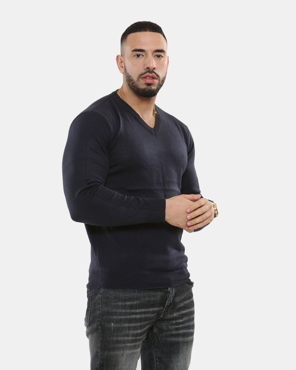 Navy V - Neck Plain Pullover Jumper
