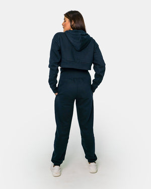 Navy Womens Ribbed Crop Hoodie